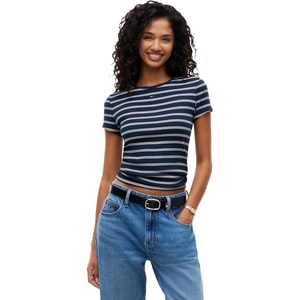 Tommy Jeans Women’s Ribbed Graphic Tee with Embroidered Flag Detail(Dark Blue / Day Lily Stripe)