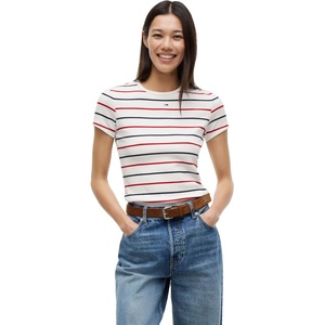 Tommy Jeans Women’s Ribbed Graphic Tee with Embroidered Flag Detail(Ecru / Multi Stripe)