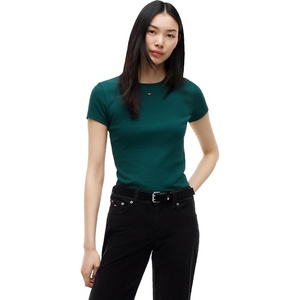 Tommy Jeans Women’s Ribbed Graphic Tee with Embroidered Flag Detail(Elegant Green)