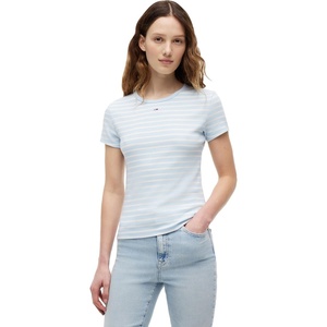 Tommy Jeans Women’s Ribbed Graphic Tee with Embroidered Flag Detail(Kingly Blue / Stripe)