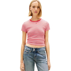 Tommy Jeans Women’s Ribbed Graphic Tee with Embroidered Flag Detail(Red / Stripe)