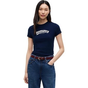 Tommy Jeans Women’s Short Sleeve Cotton Graphic T-Shirt in Slim Fit(Dark Blue)